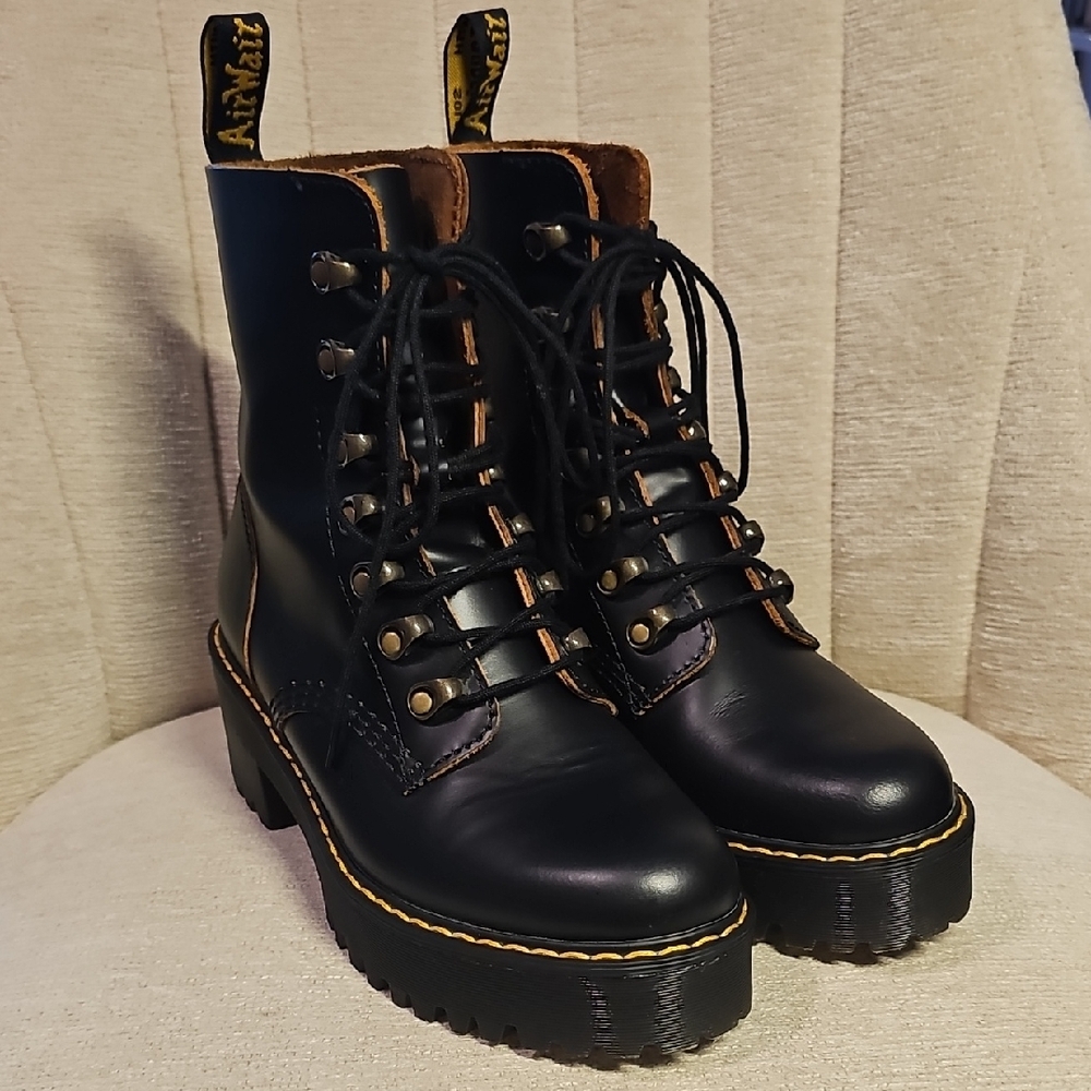Dr. Martens Leona Black Leather Lace-Up Boots